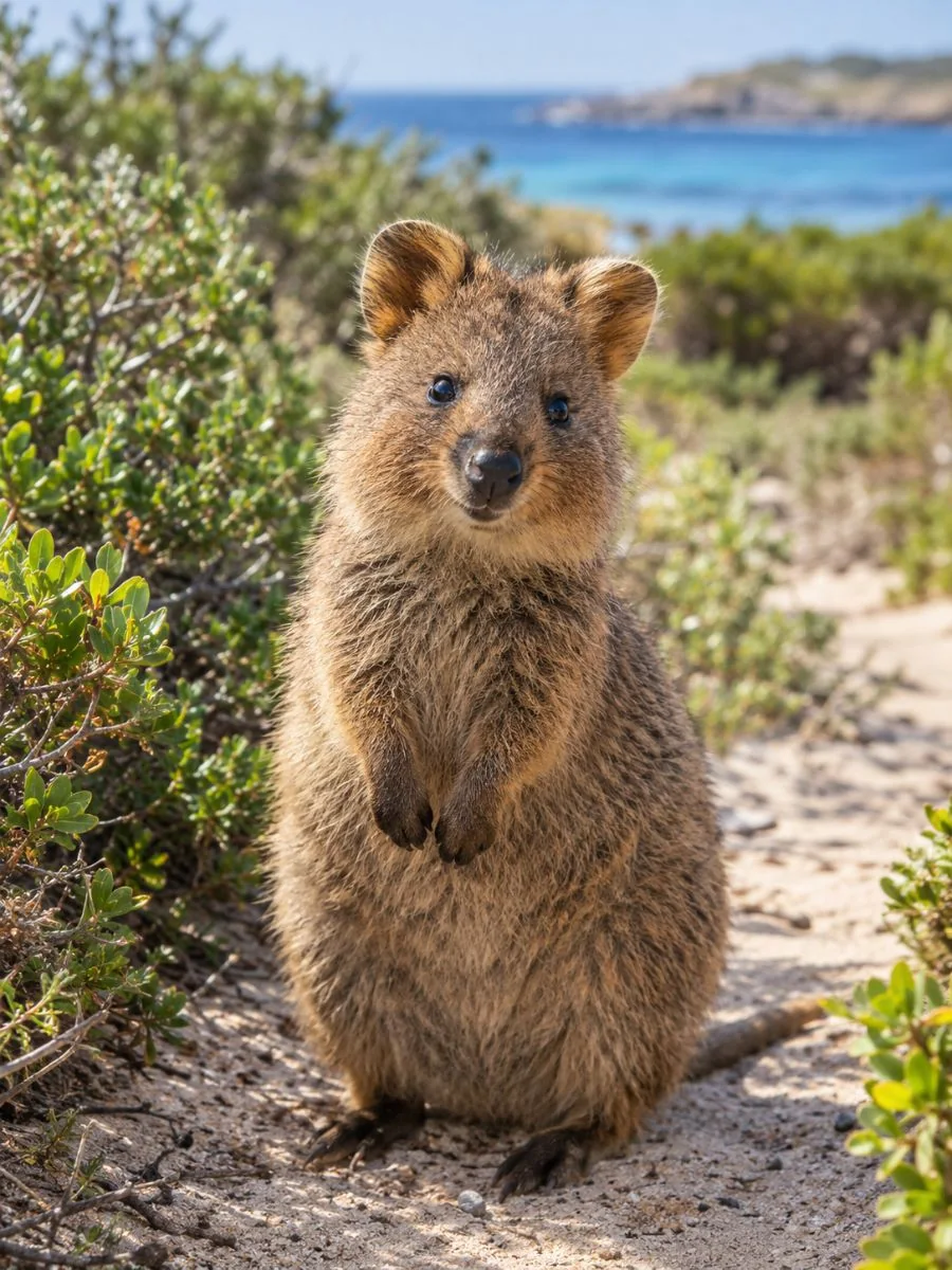 Un quokka seduto dritto su un sentiero sabbioso tra arbusti costieri a Rottnest Island
